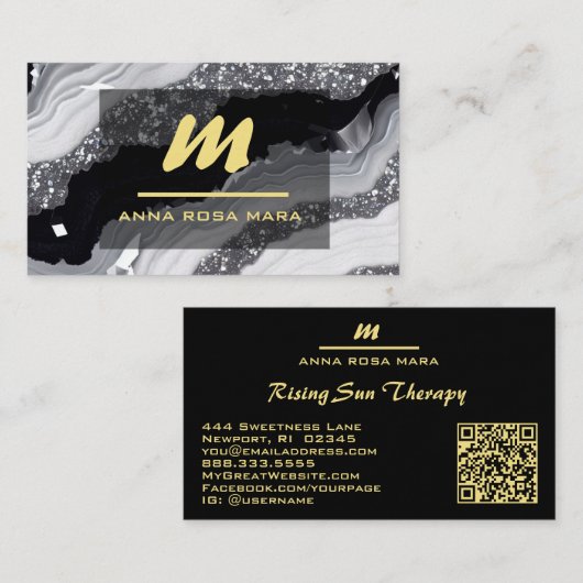 *~* QR Zwart Wit Goud Glitter Monogram AP66 Visitekaartje (Voorkant / Achterkant)