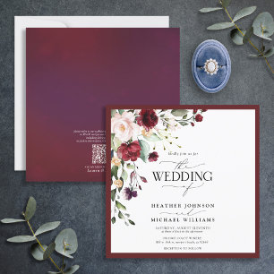QRCode Burgundy Navy Blue Floral Waterverf Script Kaart