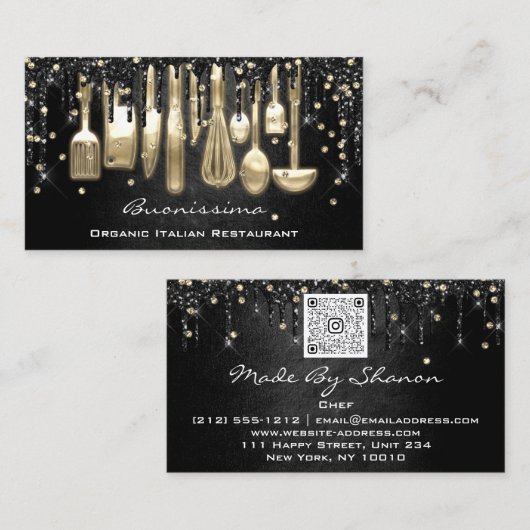 QRCode Chef Kitchen Drivers Logo Knife Black Gold Visitekaartje (Voorkant / Achterkant)