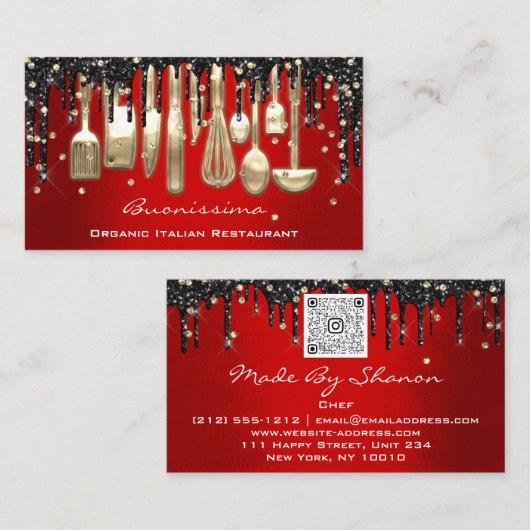 QRCode Chef Kitchen Drivers Logo Knife Rood Goud Visitekaartje (Voorkant / Achterkant)