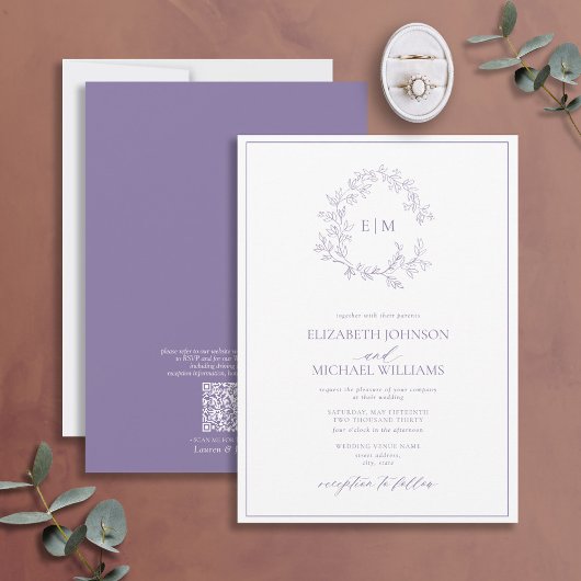 QRCode Lila Lavender Leafy Crest Monogram Weddensc Kaart
