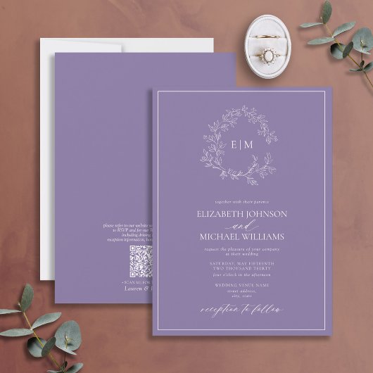 QRCode Lila Lavender Leafy Crest Monogram Weddensc Kaart