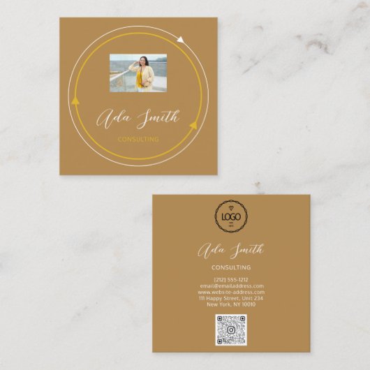 QRCode Logo Custom Photo Mustard Yellow Vierkante Visitekaartje (Voorkant / Achterkant)