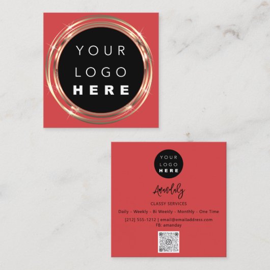 QRCode Logo Online Winkelen Lijst Gold Vivd Red Vierkante Visitekaartje (Voorkant / Achterkant)
