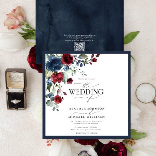 QRCode Navy Blue Burgundy Floral Waterverf Script Kaart