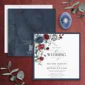 QRCode Navy Blue Burgundy Floral Waterverf Script Kaart