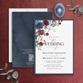 QRCode Navy Blue Burgundy Floral Waterverf Script Kaart