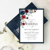 QRCode Navy Blue Burgundy Floral Waterverf Script Kaart