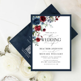 QRCode Navy Blue Burgundy Floral Waterverf Script Kaart