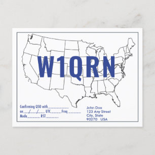 QSL Card Retro United States Map Blue Text Briefkaart