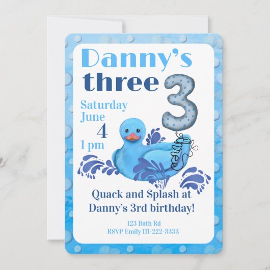 Quack and Splash Duck 3rd Birthday Invitation Kaart (Voorkant)