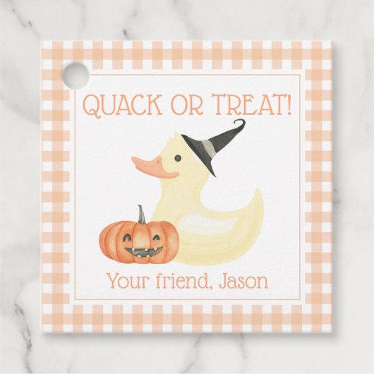 Quack of Treat Duck Cute Oranje Halloween Kinder Bedankjes Labels (Voorkant)