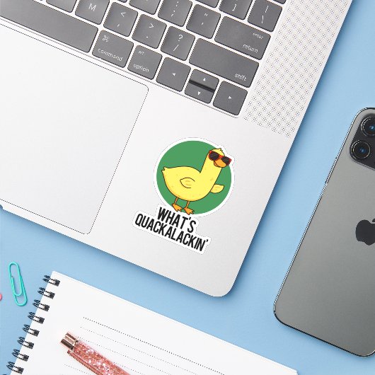 Quackalackin Funny Duck Pun Sticker (Laptop met iPhone)