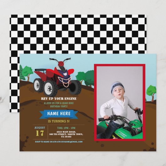 Quad Bike Birthday Invitation Riding Mud Fun Foto Kaart (Voorkant / Achterkant)