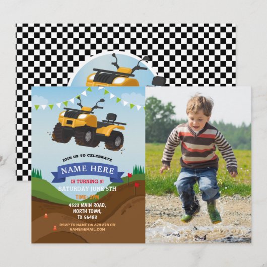 Quad Bike Birthday Invitation Riding Mud Fun Foto Kaart (Voorkant / Achterkant)