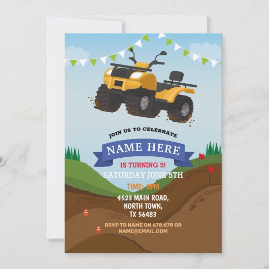 Quad Bike Birthday Invitation Riding Mud Fun Track Kaart (Voorkant)