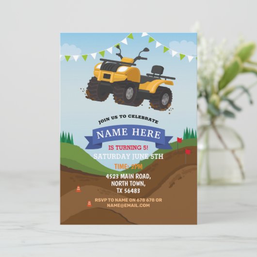 Quad Bike Birthday Invitation Riding Mud Fun Track Kaart (Staand voorkant)