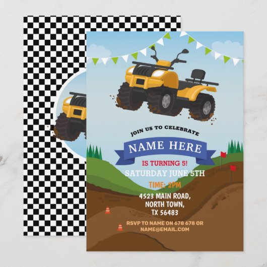 Quad Bike Birthday Invitation Riding Mud Fun Track Kaart (Voorkant / Achterkant)