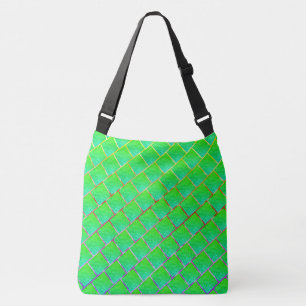 Quadrados verde azulado, linhas em três cores. crossbody tas