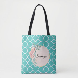 Quadrefoil blauwgroen groen zigzagpatroon tote bag