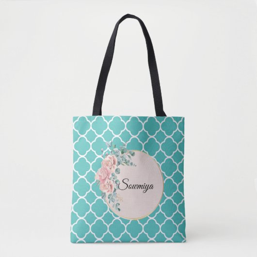 Quadrefoil blauwgroen groen zigzagpatroon tote bag (Voorkant)
