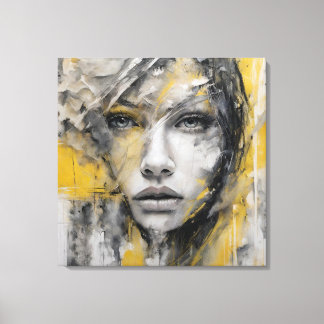 Quadro abstrato rosto de mulher amarelo e cinza canvas afdruk