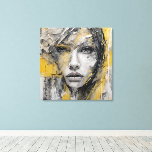 Quadro abstrato rosto de mulher amarelo e cinza canvas afdruk (Insitu (Houten vloer))