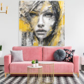 Quadro abstrato rosto de mulher amarelo e cinza canvas afdruk (Insitu (Woonkamer))