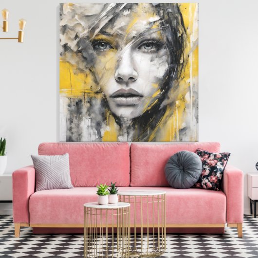 Quadro abstrato rosto de mulher amarelo e cinza canvas afdruk (Insitu (Woonkamer))