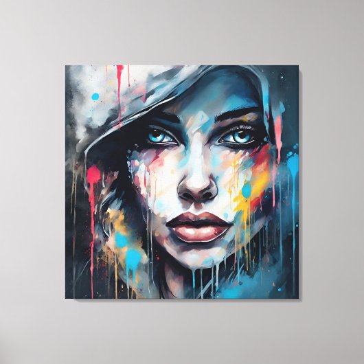 Quadro abstrato rosto de mulher azul cinza etc... canvas afdruk (Voorkant)