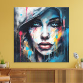 Quadro abstrato rosto de mulher azul cinza etc... canvas afdruk (Insitu (Woonkamer))