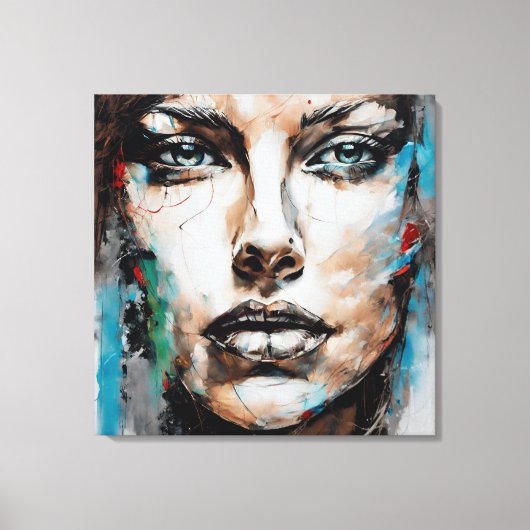 Quadro abstrato rosto de mulher azul, cinza marrom canvas afdruk (Voorkant)