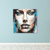 Quadro abstrato rosto de mulher azul, cinza marrom canvas afdruk (Insitu (Houten vloer))