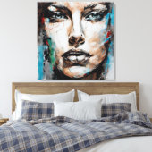 Quadro abstrato rosto de mulher azul, cinza marrom canvas afdruk (Insitu (Slaapkamer))