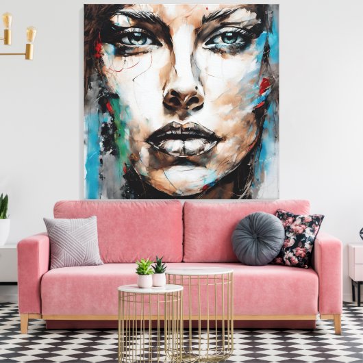 Quadro abstrato rosto de mulher azul, cinza marrom canvas afdruk (Insitu (Woonkamer))