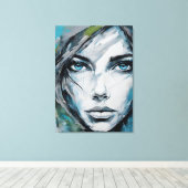 Quadro abstrato rosto de mulher azul, cinza, preto canvas afdruk (Insitu (Houten vloer))