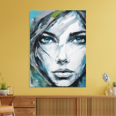 Quadro abstrato rosto de mulher azul, cinza, preto canvas afdruk (Insitu (Woonkamer))