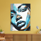 Quadro abstrato rosto de mulher azul, cinza, preto canvas afdruk (Insitu (Woonkamer))