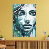 Quadro abstrato rosto de mulher azul, cinza, preto canvas afdruk (Insitu (Woonkamer))