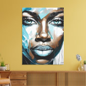 Quadro abstrato rosto de mulher azul, cinza, preto canvas afdruk (Insitu (Woonkamer))