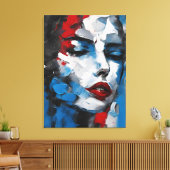 Quadro abstrato rosto de mulher azul, cinza, preto canvas afdruk (Insitu (Woonkamer))