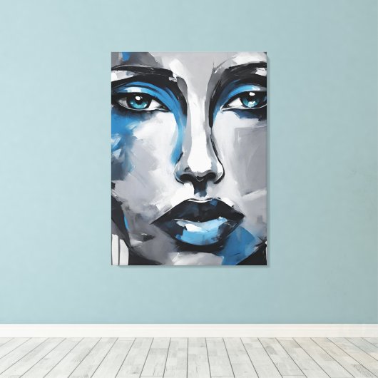 Quadro abstrato rosto de mulher azul cinza preto  canvas afdruk (Insitu (Houten vloer))