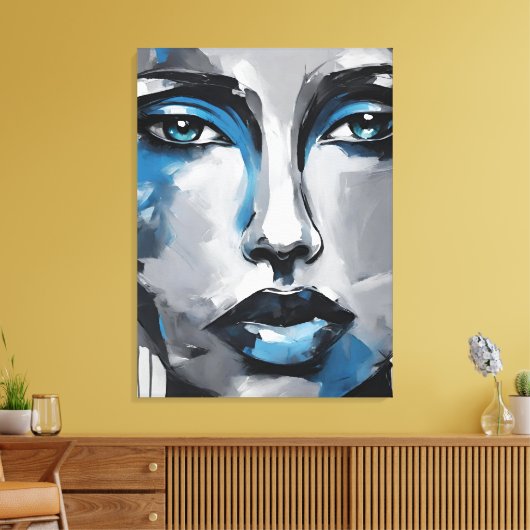 Quadro abstrato rosto de mulher azul cinza preto canvas afdruk (Insitu (Woonkamer))
