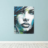 Quadro abstrato rosto de mulher azul, cinza, preto canvas afdruk (Insitu (Houten vloer))