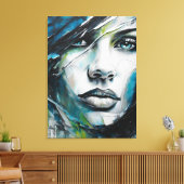 Quadro abstrato rosto de mulher azul, cinza, preto canvas afdruk (Insitu (Woonkamer))