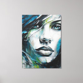 Quadro abstrato rosto de mulher azul, cinza, preto canvas afdruk