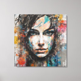 Quadro abstrato rosto de mulher azul, cinza, red canvas afdruk