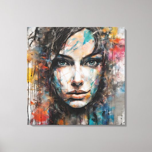 Quadro abstrato rosto de mulher azul, cinza, red canvas afdruk (Voorkant)