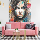 Quadro abstrato rosto de mulher azul, cinza, red canvas afdruk (Insitu (Woonkamer))