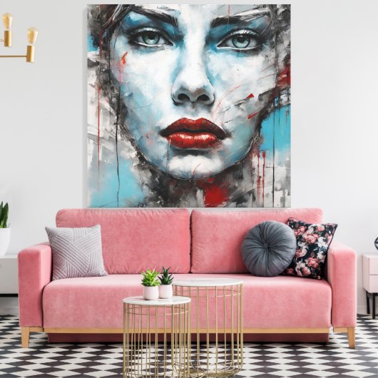 Quadro abstrato rosto de mulher azul, cinza, red canvas afdruk (Insitu (Woonkamer))